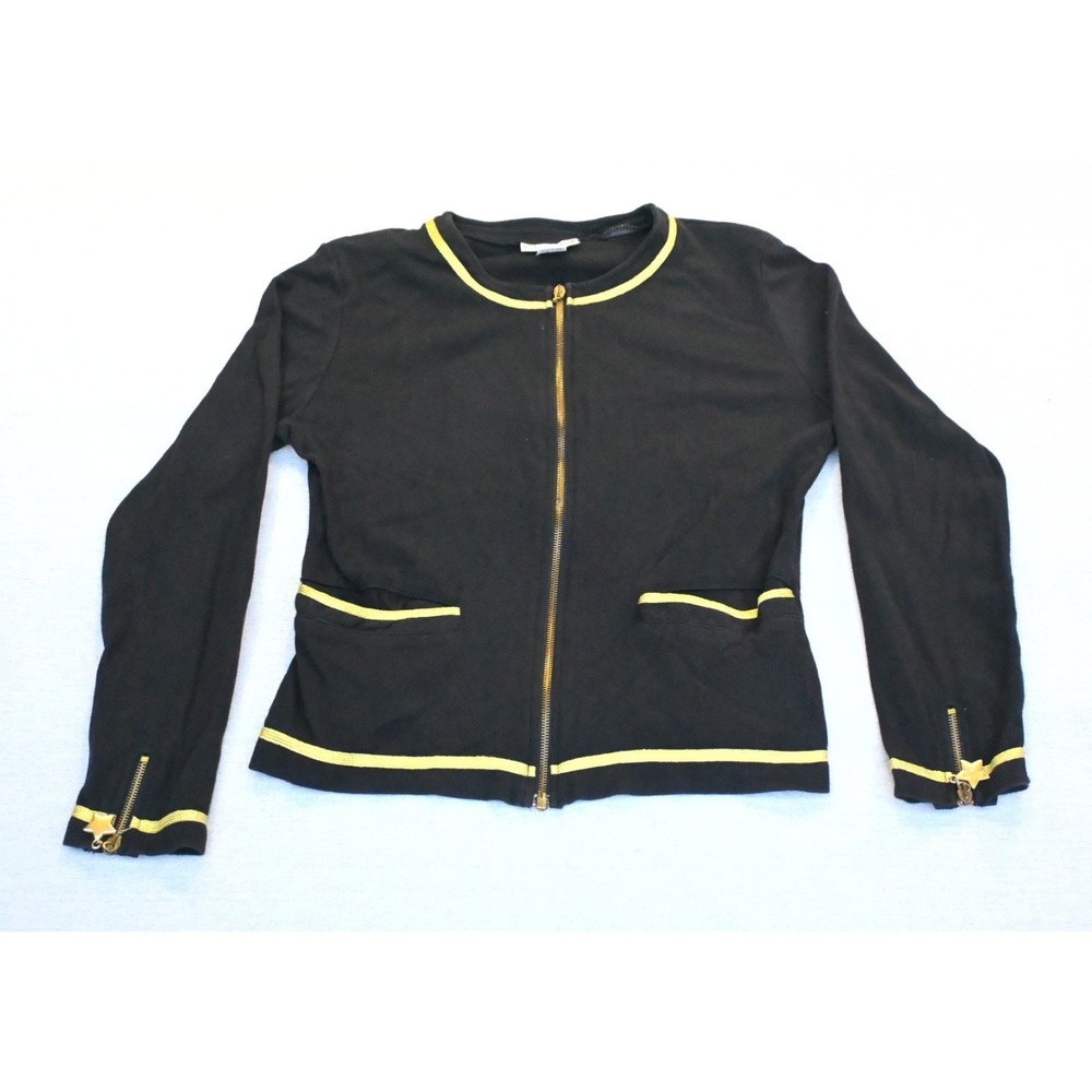 GANTOS Vintage 90s Womens S Black Cotton Knit Jacket Gold Braid Zip Front Glam